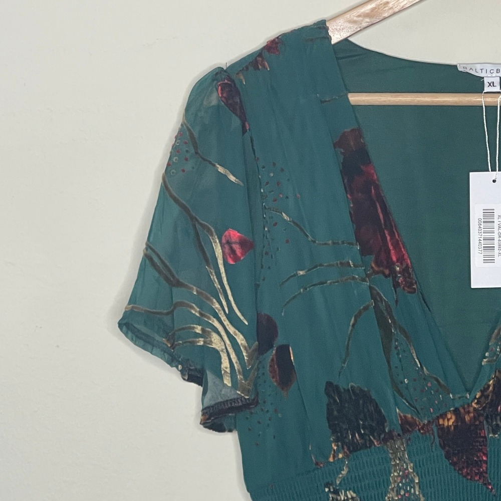 Baltic Born Valen Maxi Dress XL Jade Multi Floral Burnout Velvet Flutter Sleeve - Picture 6 of 12